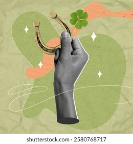 A vibrant collage featuring a hand gripping a lucky horseshoe alongside a clover, symbolizing good fortune and celebrations for Saint Patrick's Day.