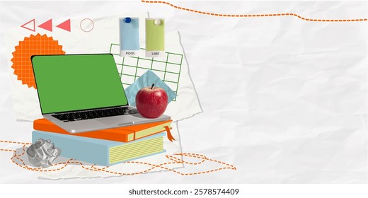 A vibrant collage featuring a laptop stacked on colorful books with a red apple, ideal for school-related projects and educational digital designs.