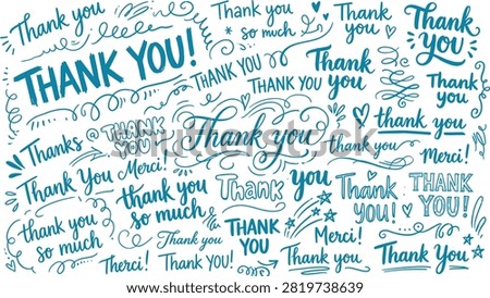 A vibrant collage featuring the phrase Thank You written in various artistic hand-lettering styles, fonts, and shades of blue, creating a festive, grateful, and appreciative background design for cards, social media, or invitations.