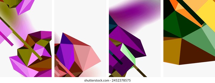 A vibrant collage featuring purple, magenta, and violet geometric shapes like rectangles, triangles, and petals on a white background, showcasing creative arts and tints and shades in art