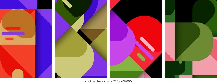 A vibrant collage of geometric shapes featuring varying tints and shades of purple, magenta, and violet. The artwork showcases the beauty of symmetry in rectangles and triangles