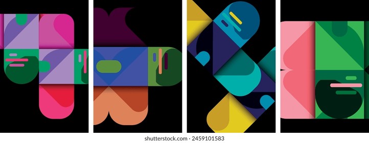 A vibrant collage of geometric shapes in shades of purple and magenta on a black background, creating a symmetrical and artistic composition reminiscent of a picture frame