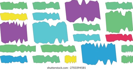 A vibrant collage of irregular, paint-like brush stroke shapes in various bright colors arranged randomly on a white surface.