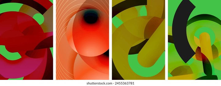 A vibrant collage of orange, iris, rectangle, and circle shapes create an abstract organism in tints and shades, resembling a mesmerizing art pattern on glass