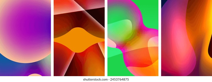 A vibrant collage of rectangular, triangular, and circular shapes in magenta tints and shades, creating symmetry and patterns on a green background