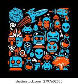 A vibrant collage of retro science fiction and gaming icons including robots aliens spaceships ray guns and polyhedral dice in a blue and orange color scheme.
