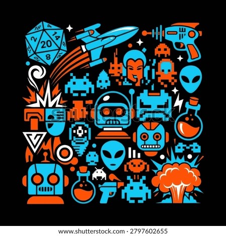 A vibrant collage of retro science fiction and gaming icons including robots aliens spaceships ray guns and polyhedral dice in a blue and orange color scheme.