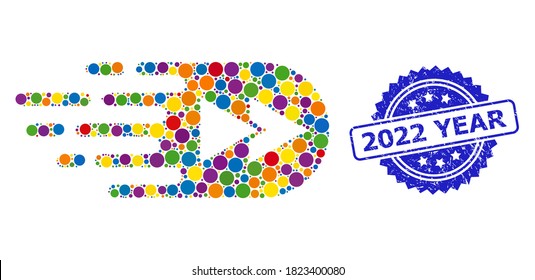 Vibrant Collage Rewind Forward, And 2022 Year Unclean Rosette Seal Imitation. Blue Stamp Seal Contains 2022 Year Text Inside Rosette.