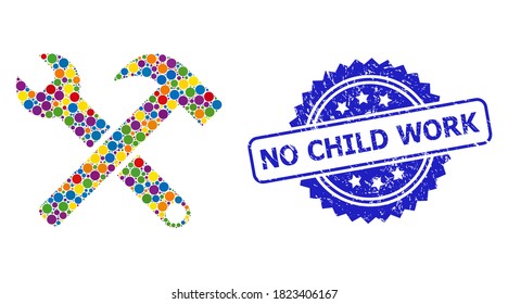 Vibrant collage service tools, and No Child Work rubber rosette stamp seal. Blue seal has No Child Work tag inside rosette. Vector circle dots are arranged into abstract collage service tools icon.