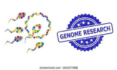 Vibrant collage sperm insemination, and Genome Research corroded rosette seal. Blue stamp seal includes Genome Research tag inside rosette.