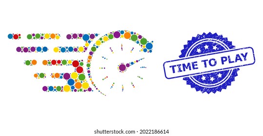 Vibrant collage time, and Time to Play unclean rosette seal imitation. Blue stamp seal has Time to Play caption inside rosette. Vector circle elements are united into abstract collage time icon.