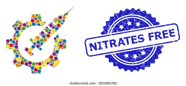 Vibrant collage vaccine industry, and Nitrates Free rubber rosette stamp seal. Blue stamp seal has Nitrates Free text inside rosette.