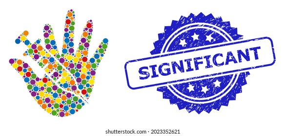 Vibrant collage vaccine stop hand, and Significant textured rosette stamp. Blue stamp contains Significant text inside rosette.