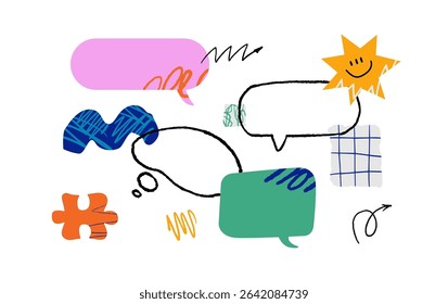A vibrant collage with a variety of hand-drawn stylized graphic elements. Textured speech bubbles, doodle balloons, various abstract shapes. A metaphor for creativity, communication, and conversation.