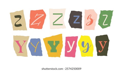 Vibrant collage-style letters Z and Y in various fonts on colorful torn paper backgrounds. Creative design concept for typography or art projects. Vector illustration