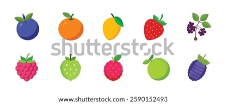 A vibrant collection of 10 high-quality vector fruit icons, featuring blueberries, oranges, mangoes, strawberries, grapes, raspberries, green apples, and more
