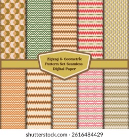vibrant collection of 10 unique seamless patterns featuring zigzags, chevrons, and geometric shapes. Ideal for scrapbooking, textile design, digital backgrounds, and creative print projects.