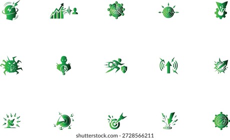 Colección vibrante de 12 iconos ecológicos verdes de diseño plano que representan el crecimiento, la sostenibilidad y los Elementos de la naturaleza en un estilo de Vector limpio perfecto para proyectos comerciales.