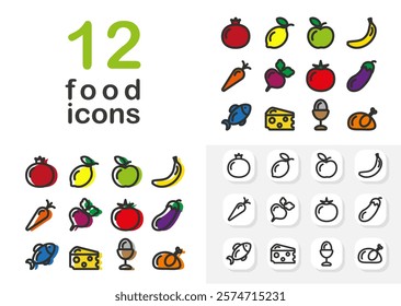 A vibrant collection of 12 food icons, featuring fruits, vegetables, and other edibles. Includes both colored and outlined styles, perfect for web design, apps, and print materials.  