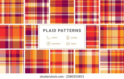 Vibrant collection of 12 seamless plaid patterns in warm autumnal tones. Perfect for textile design, web backgrounds, and fallthemed projects.