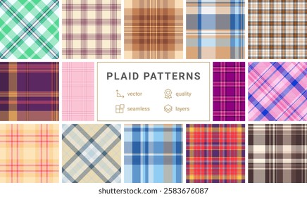 Vibrant collection of 12 seamless plaid patterns.  Perfect for textile design, website backgrounds, or fashion illustrations.