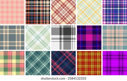 Vibrant collection of 12 unique plaid patterns.  Perfect for textile design, fashion, website backgrounds, and more.
