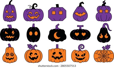 A vibrant collection of 13 Halloween-themed pumpkins and gourds in various colors and designs for decoration and design use.