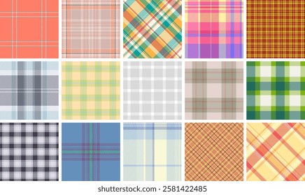 Vibrant collection of 15 diverse plaid patterns.  Perfect for textile design, website backgrounds, or crafting projects.  Offers a variety of colors and styles, from classic checks to modern designs.