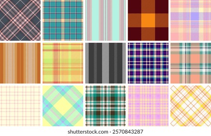 Vibrant collection of 16 seamless plaid patterns.  Perfect for textile design, website backgrounds, and fashion projects.  Various colors and styles offer diverse design options.