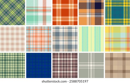 Vibrant collection of 16 seamless plaid patterns.  Perfect for textile design, website backgrounds, or fashion projects.  A versatile set offering diverse color palettes and check styles.