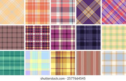 Vibrant collection of 16 unique plaid patterns.  Perfect for textile design, fashion, websites, and crafting projects.  Various colors and styles offer endless design possibilities.