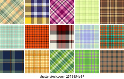 Vibrant collection of 18 diverse plaid patterns.  Perfect for textile design, fashion, websites, and more  Seamless textures in various colors and styles offer endless creative possibilities.