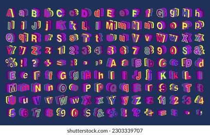 Tipografía de vector 3D de colección vibrante. Con letras aisladas, números y signos de puntuación, cada diseño aparece con colores vivos y brillantes.