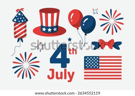 A vibrant collection of 4th of July icons, including fireworks, balloons, a top hat, and the American flag, perfect for celebratory designs and social media posts.