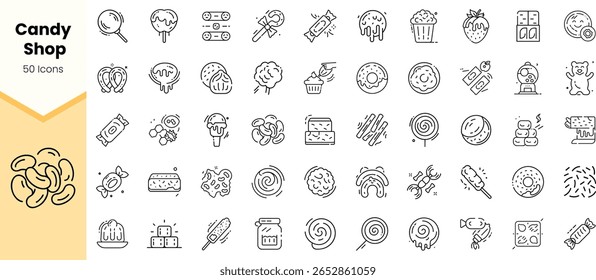 Uma coleção vibrante de 50 ícones de loja de doces com várias delícias como pirulitos, algodão doce e chocolates, perfeito para projetos festivos.