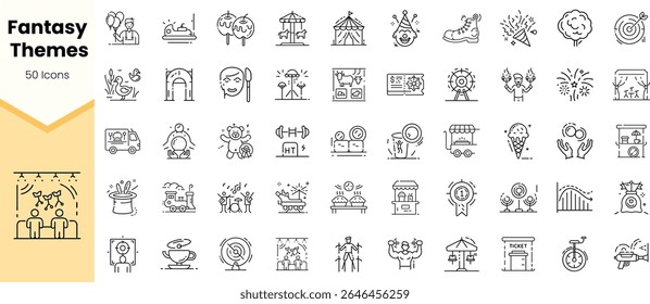 A vibrant collection of 50 fantasy-themed icons showcasing various activities like performances, festivities, and attractions in a fun, whimsical style.