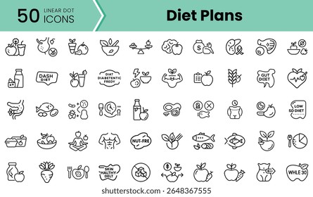 A vibrant collection of 50 linear dot icons representing various diet plans including healthy eating, fitness, and nutrition-focused symbols.