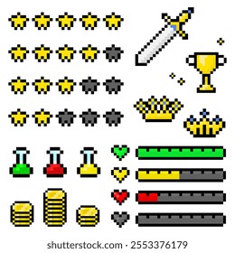 Uma coleção vibrante de recursos de jogos de 8 bits, com estrelas, espadas, coroas, poções, moedas, corações e barras de progresso, perfeito para projetos ou jogos com temas retrô.