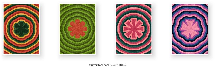 A vibrant collection of abstract floral shapes with concentric ripples. Vector illustration.