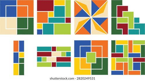 A vibrant collection of abstract geometric patchwork compositions featuring interlocking squares, rectangles, spirals, and pinwheel shapes. Ideal for quilting inspiration, textile prints, educational activities, craft projects, posters, packaging, and modern decorative designs.
