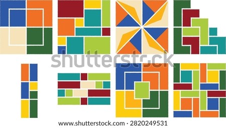 A vibrant collection of abstract geometric patchwork compositions featuring interlocking squares, rectangles, spirals, and pinwheel shapes. Ideal for quilting inspiration, textile prints, educational activities, craft projects, posters, packaging, and modern decorative designs.
