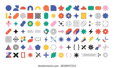 A vibrant collection of abstract geometric shapes and graphic design elements. Features a mix of minimalist symbols like circles, squares, stars, waves, organic blobs, and lightning bolts in bold colors. Perfect for modern posters, web design, branding, and abstract art.