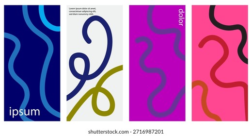 Una vibrante colección de carteles abstractos con trazos alegres y coloridos y tipografía audaz. Cada diseño presenta una combinación única de colores y Formas. Ilustración vectorial.