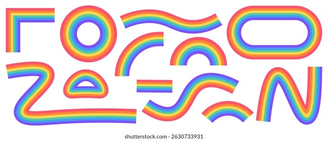 A vibrant collection of abstract rainbow shapes including arcs, curves, circles, waves, and lines. Perfect for pride designs, children’s graphics, or playful decorative elements. Vector illustration