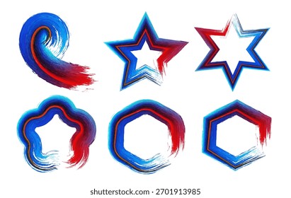 Una vibrante colección de Formas abstractas de pinceladas de acrílico rojo y azul con estrellas, remolinos y formas geométricas. Ideal para carteles, fondos, marcas y obras de arte digitales.