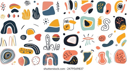 A vibrant collection of abstract shapes and patterns in various colors like blue, orange, yellow, and pink. The design features playful, hand-drawn elements arranged randomly on a white background