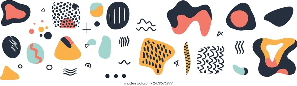 A vibrant collection of abstract shapes and patterns in various colors like blue, orange, yellow, and pink. The design features playful, hand-drawn elements arranged randomly on a white background