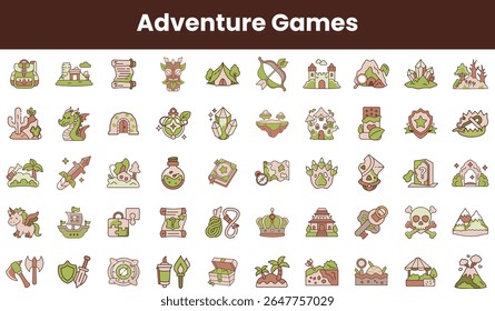 Uma coleção vibrante de ícones de jogos de aventura, mostrando vários elementos como dragões, mapas, tesouros e criaturas míticas em um estilo divertido e cartunesco.