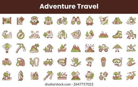 Uma coleção vibrante de ícones de viagens de aventura, com atividades ao ar livre como caminhadas, camping e esportes aquáticos, ilustrando a essência da exploração e da natureza.
