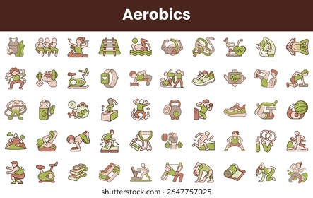 Uma coleção vibrante de ícones de exercícios aeróbicos, exibindo diversas atividades, incluindo ciclismo, natação e levantamento de peso em uma paleta de cores terrosas.